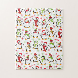 Dancing Penguins Red and Grönt Mönster jul Pussel
