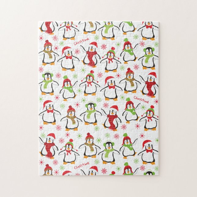 Dancing Penguins Red and Grönt Mönster jul Pussel (Vertikal)