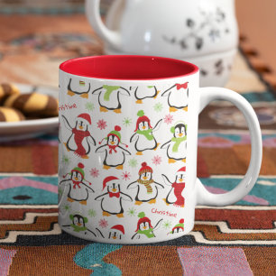 Dancing Penguins Red and Grönt Mönster jul Två-Tonad Mugg