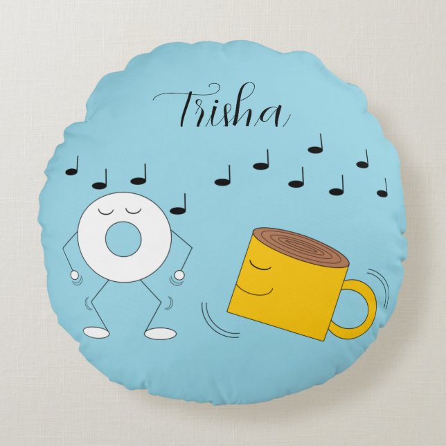 Dancing Powed Donut & Coffee Mugg: Rund Kudde (Framsidan)