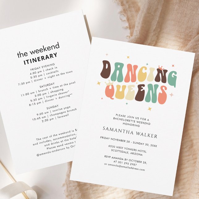 Dancing Queen Bachelorette Helg Itinerary Retro Inbjudningar (Dancing Queen Bachelorette Weekend Itinerary Retro Invitation)