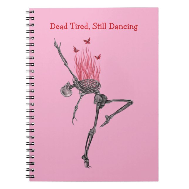 Dancing Red Fire Flames Skeleton Illustration Pink Anteckningsbok (Framsidan)
