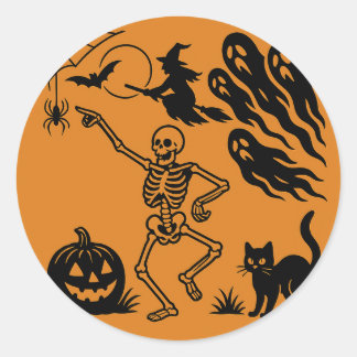 Dancing Skeleton & Black Cat Halloween Sticker Runt Klistermärke