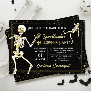Dancing Skeleton Black Guld Halloween fest Inbjudningar