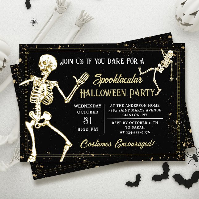 Dancing Skeleton Black Guld Halloween fest Inbjudningar (Skapare uppladdad)