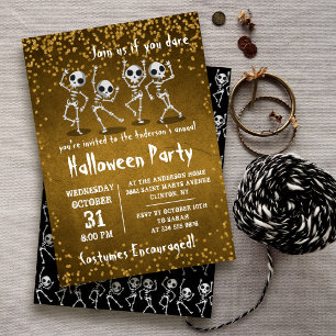 Dancing Skeleton Guld Glitter Halloween fest Inbjudningar