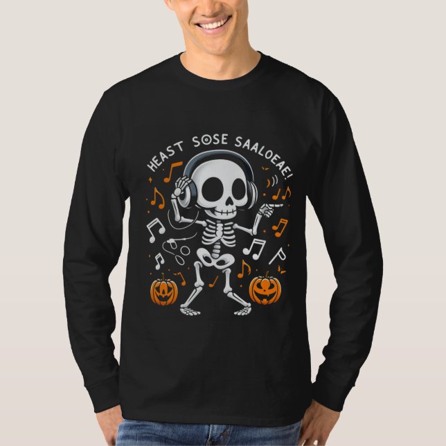 Dancing Skeleton Halloween Music Party T-Shirt (Framsida)