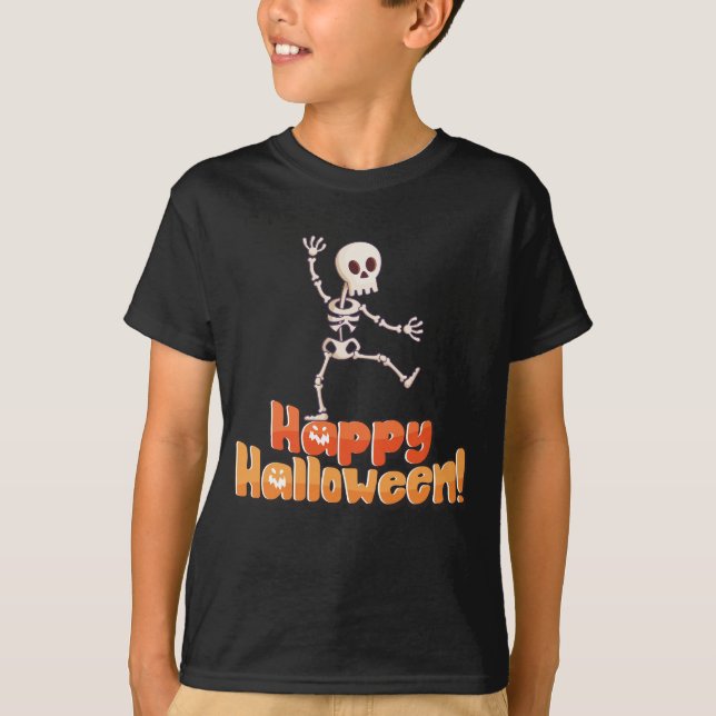 Dancing Skeleton "Happy halloween" T Shirt (Framsida)