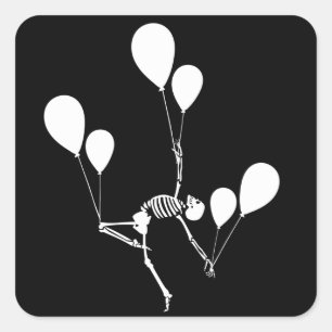 DANCING SKELETON MED BALLOONS HALLOWEEN FYRKANTIGT KLISTERMÄRKE