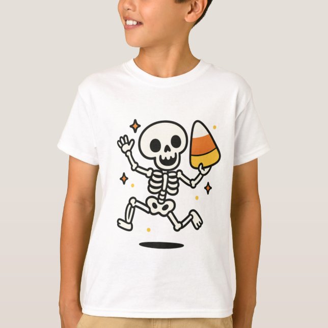 Dancing Skeleton med Candy corn Halloween T Shirt (Framsida)