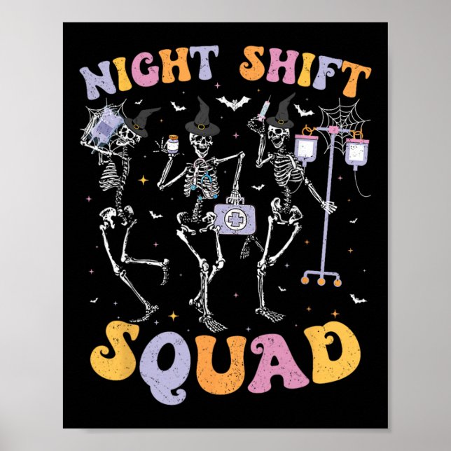 Dancing Skeleton Nurse Night Squad Shift Halloween Poster (Framsidan)
