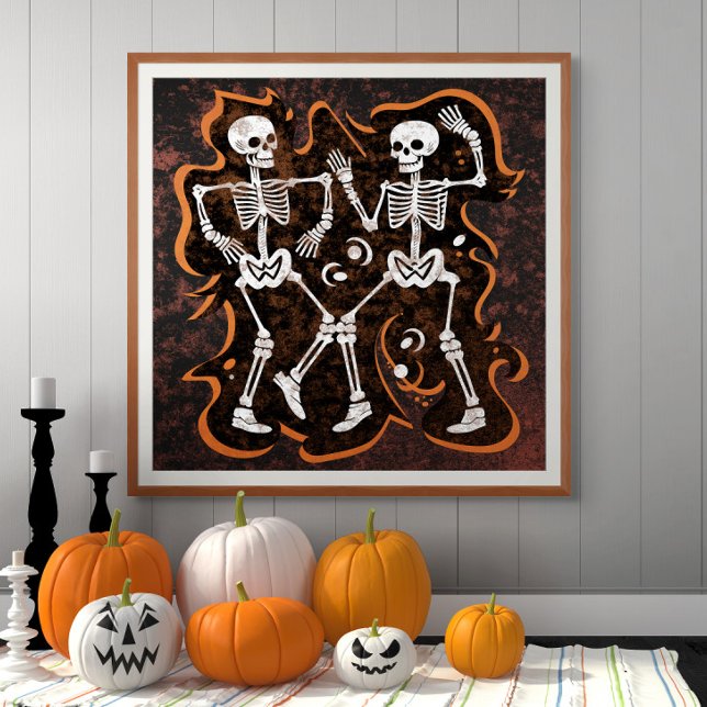 Dancing Skeletons Funny Halloween Haunted House Fototryck (Poster available in multiple sizes.)