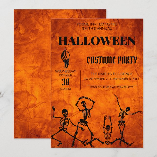 Dancing Skeletons Halloween Costume Party Inbjudan (Fram/baksida)