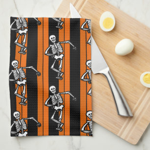 Dancing Skeletons Halloween Stripe Kökshandduk