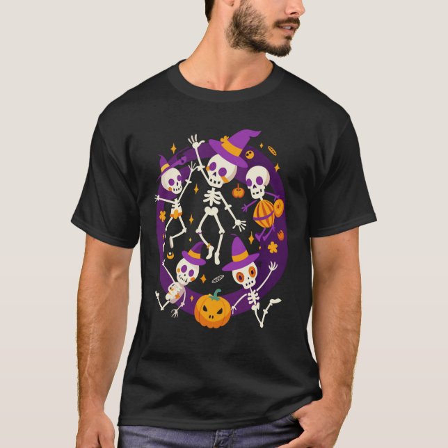 Dancing Skeletons Halloween T-Shirt - Roligt Vibe (Framsida)