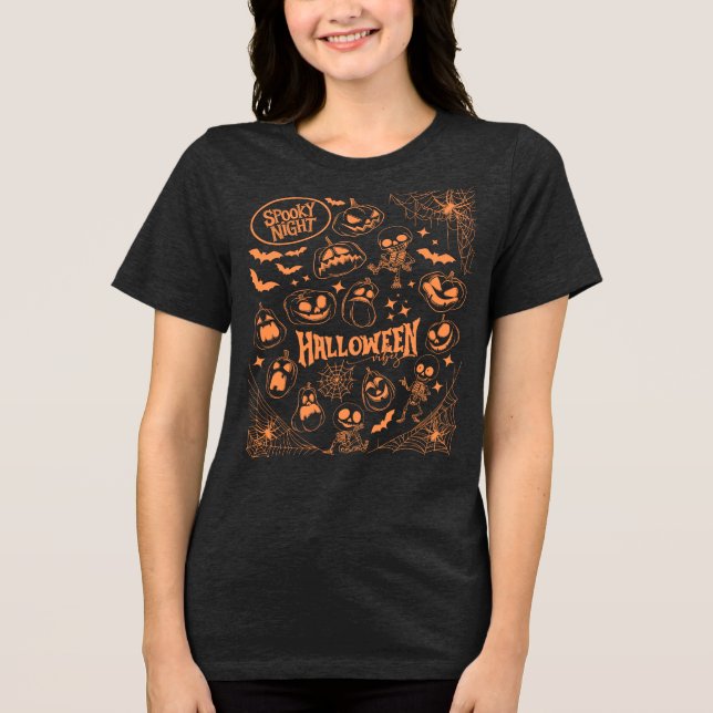 Dancing Skeletons & Pumpkin - Spooky Halloween T Shirt (Framsida)