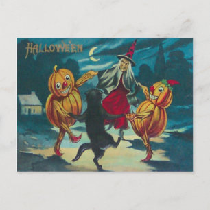Dancing Witch Jack O'Lantern Monster Black Cat Vykort