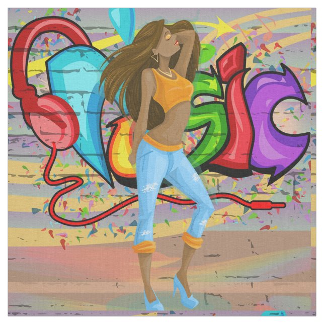 Dancing Woman 1 Music Graffiti Wall Fabric Tyg (Provkarta)