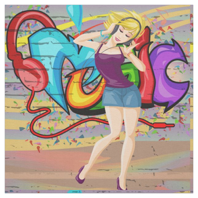 Dancing Woman 4 Music Graffiti Wall Fabric Tyg (Provkarta)