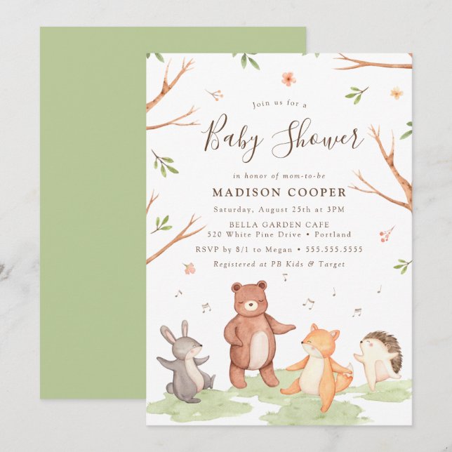 Dancing Woodland Animals Baby Shower Inbjudningar (Fram/baksida)