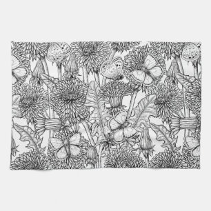 Dandelion-ängar i svartvitt kökshandduk