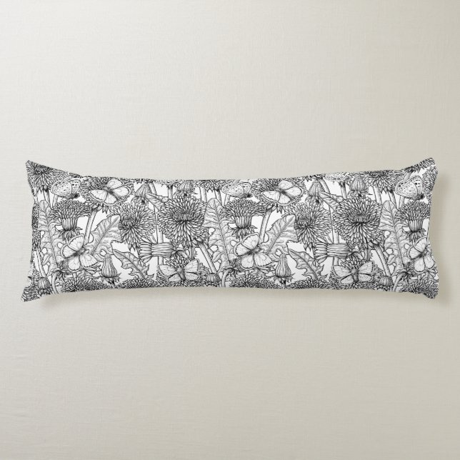 Dandelion-ängar i svartvitt kroppskudde (Framsidan)