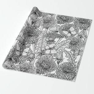 Dandelion-ängar i svartvitt presentpapper
