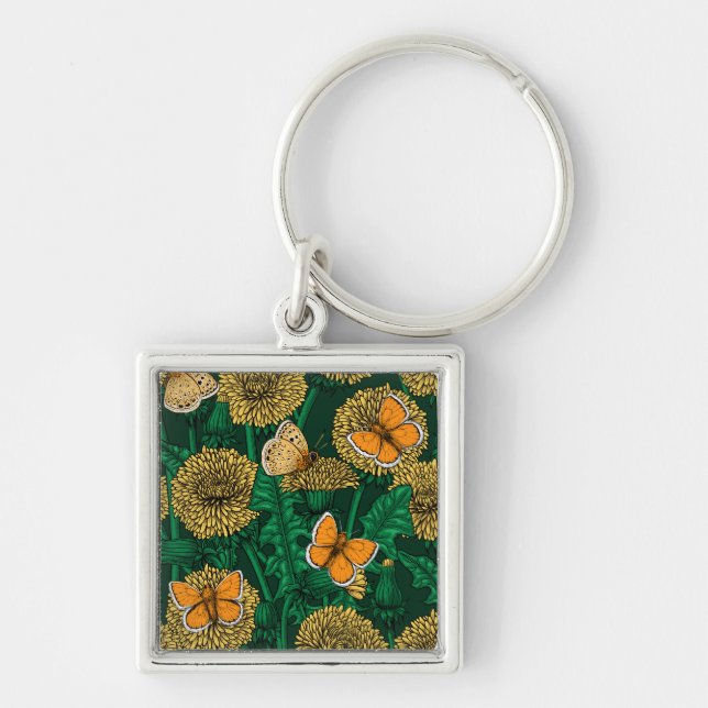 Dandelion-ängen på mörk grönt fyrkantig silverfärgad nyckelring (Framsidan)