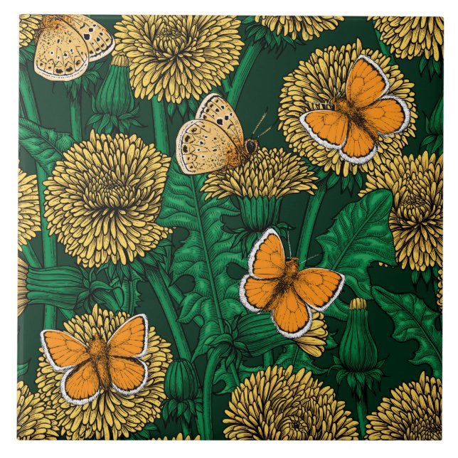 Dandelion-ängen på mörk grönt kakelplatta (Framsidan)