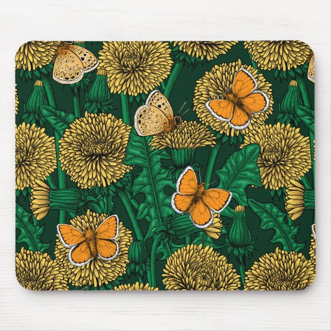 Dandelion-ängen på mörk grönt musmatta (Framsidan)