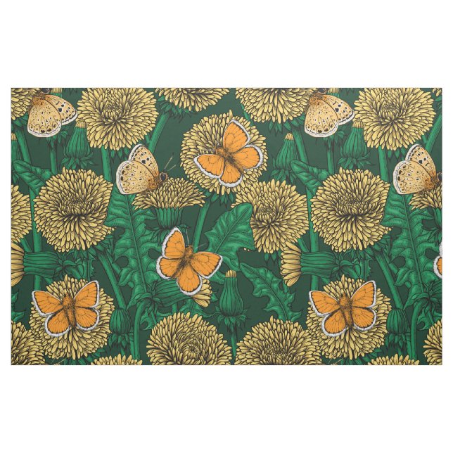 Dandelion-ängen på mörk grönt tyg (Fat Quarter)