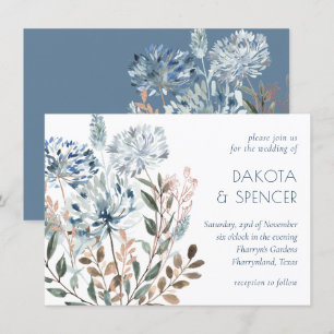 Dandelion Blommigt Dusty Blue Garden Mute Bröllo Inbjudningar