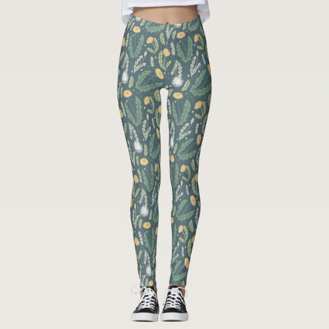 Dandelion Blommigt Ogräs Mönster Leggings (Framsida)