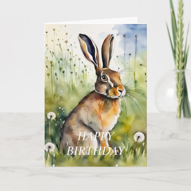 Dandelion Clocks Hare Birthday Card (redigerbart) Helgkort (Framsida)