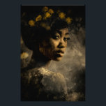 Dandelion Crown Melanin Glow Portrait Fototryck<br><div class="desc">Golden light caresses rich brown skin, illuminating sculpted cheekbones, glossy lips, and soulful dark eyes beneath a voluminous natural afro adorned with delicate yellow dandelions and their feathery seeds. The wildflowers form an organic crown that feels alive and symbolic—growth emerging from within, fragility turned into strength, renewal woven into identity....</div>