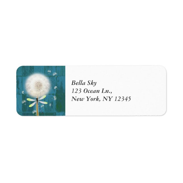 Dandelion dragonfly Rustik Blue-lador Returadress Etikett (Framsidan)