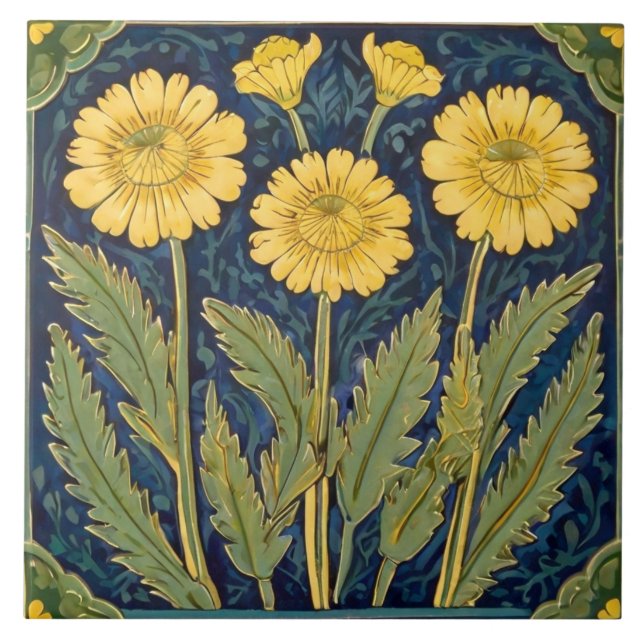 Dandelion Flowers Art Deco Nouveau Gult Blommigt Kakelplatta (Framsidan)