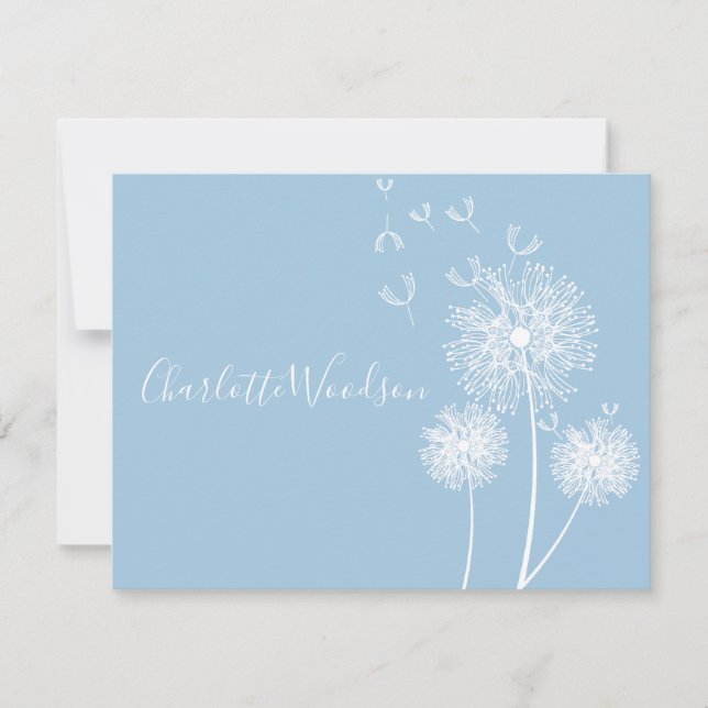 Dandelion Flowers Dusty Blue Script Namn Note Card Anteckningskort (Framsida)