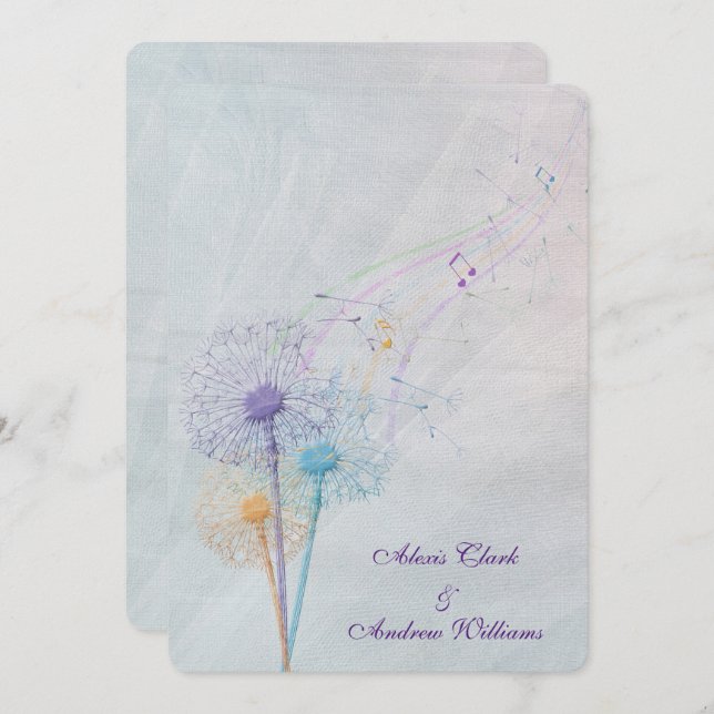 Dandelion och musik noter på bröllop tulle inbjudningar (Fram/baksida)