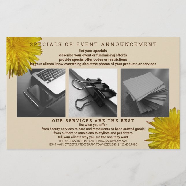 Dandelion Rustic Flower Simple Modern 3 Photo Flygblad (Framsidan)