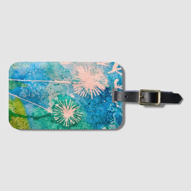 Dandelion vattencolor, abstrakt blue och grönt bagagebricka (Framsida horisontal)