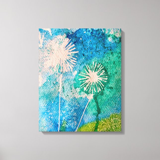 Dandelion vattencolor, abstrakt blue och grönt canvastryck (Framsida)