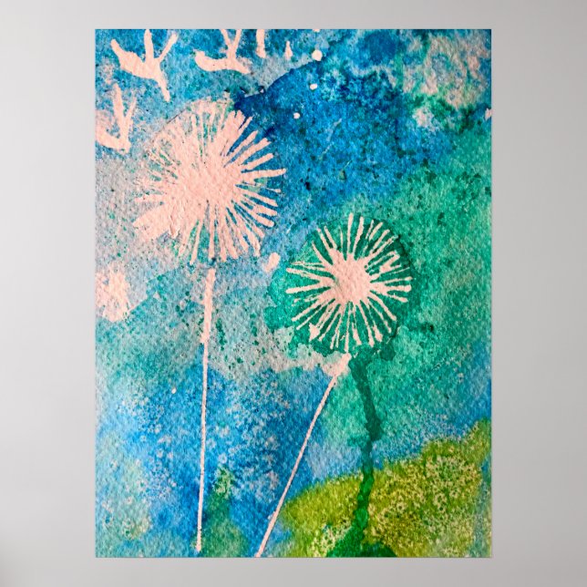 Dandelion vattencolor, abstrakt blue och grönt poster (Framsidan)