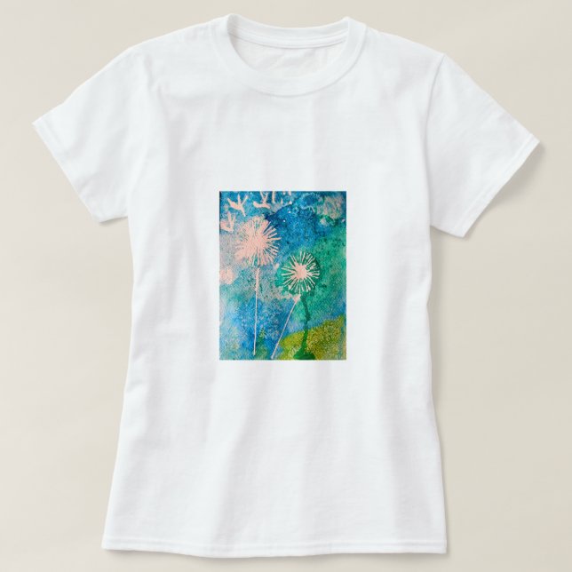 Dandelion vattencolor, abstrakt blue och grönt t shirt (Design framsida)