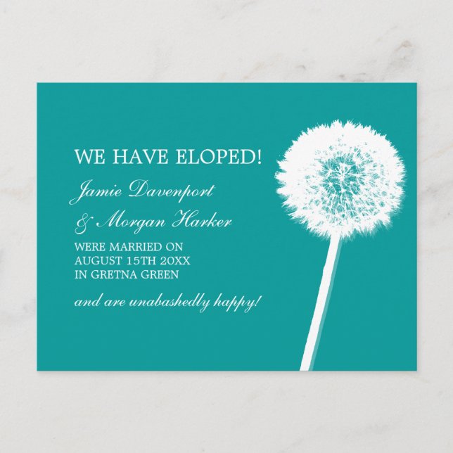 Dandelion White & Teal Elopement Meddelande Vykort (Framsida)