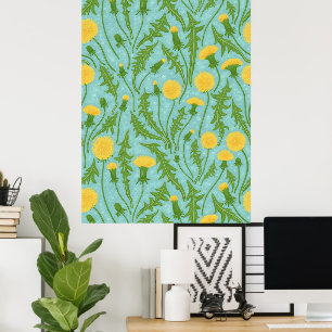 Dandelioner, grönt, gult och blått poster