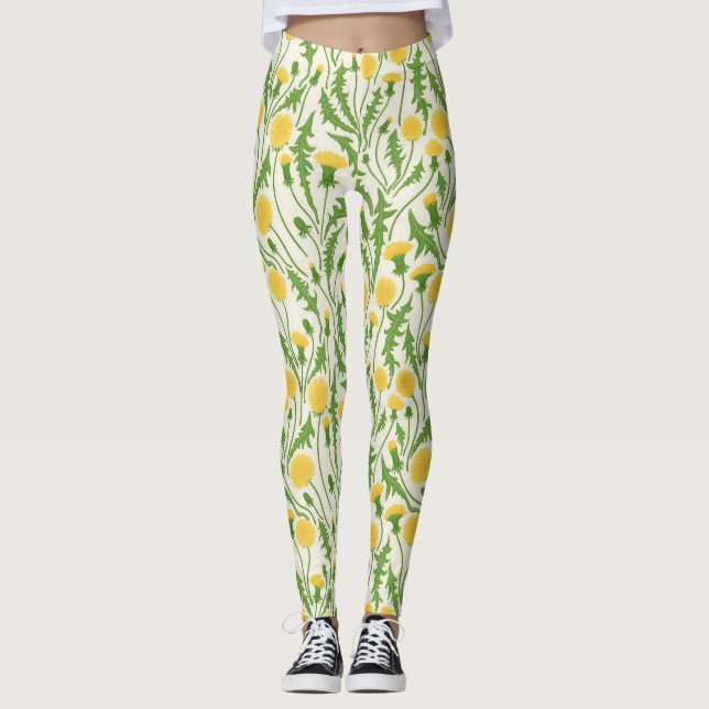 Dandelioner, grönt, gult och vit leggings (Framsida)