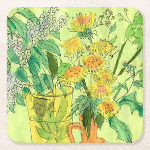 Dandelions Bird Cherry Summer Flowers Blommigt Art Underlägg Papper Kvadrat