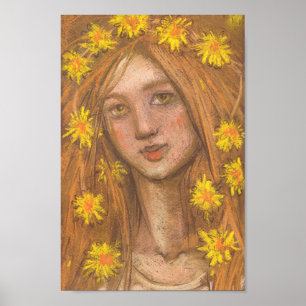 Dandelions Bloom, Blonde Girl and Flowers Painting Poster