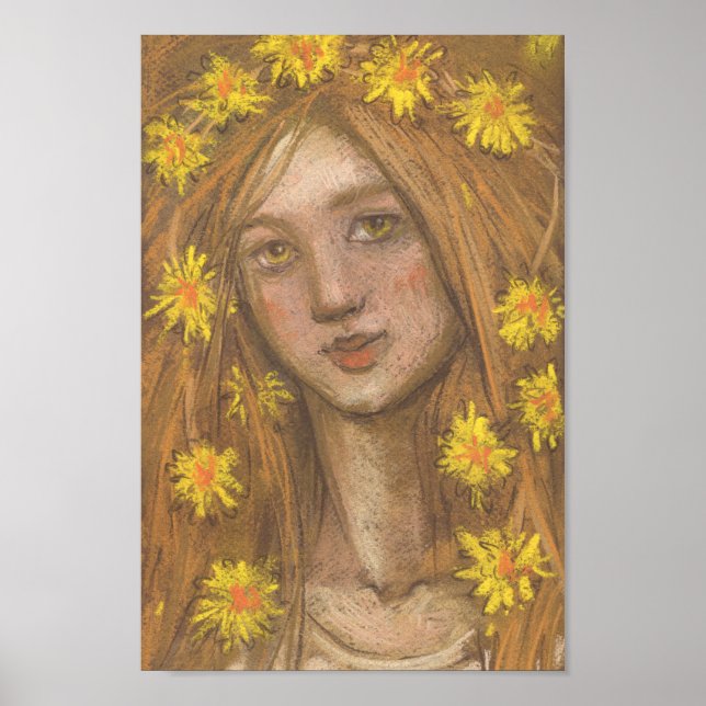 Dandelions Bloom, Blonde Girl and Flowers Painting Poster (Framsidan)